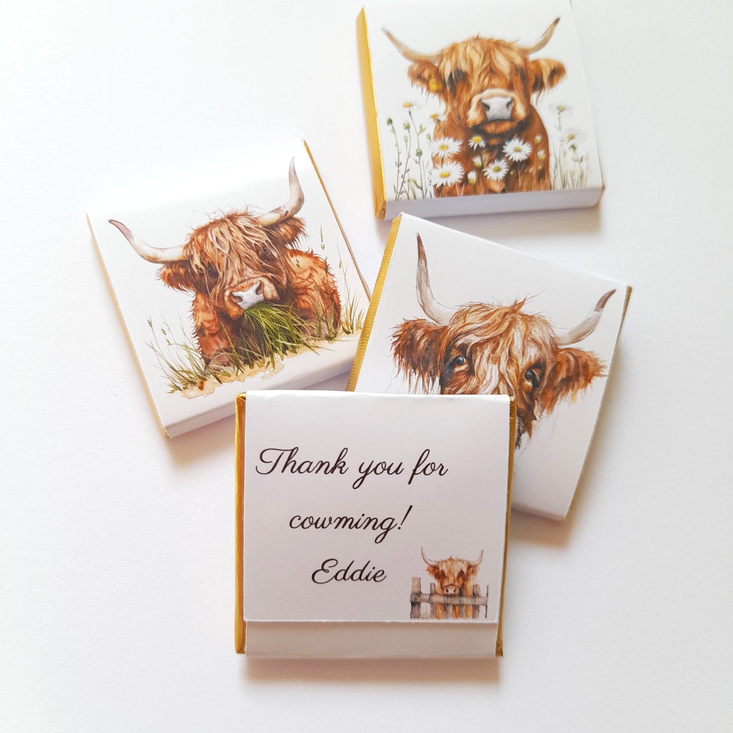 Highland Cows Personalised Chocolate Favours – Baby Shower, Birthday & Wedding Treats – Pack of 25