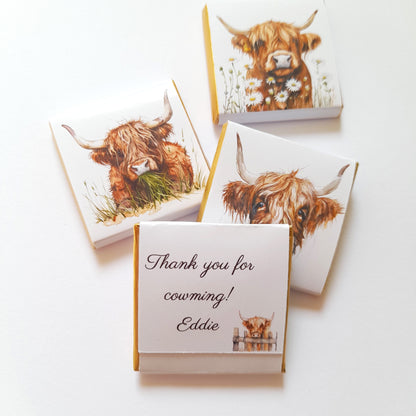 Highland Cows Personalised Chocolate Favours – Baby Shower, Birthday & Wedding Treats – Pack of 25