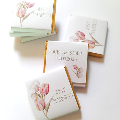 Elegant Wedding Personalised Chocolate Favours – Pastel Tulips Design (Pack of 25)