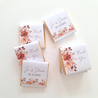 Personalised Autumn Flower Chocolates – Rustic Wedding and Party Favours (25 Pcs)