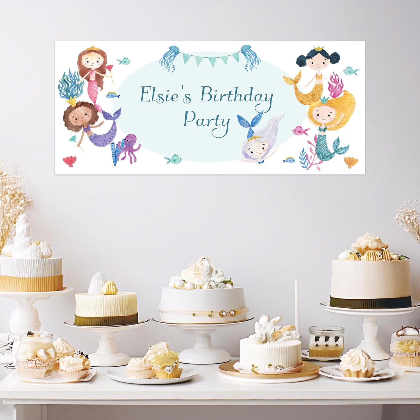 Personalised Mermaids Birthday Banner – Satin Paper Wall Decor for Mermaid Themed Parties