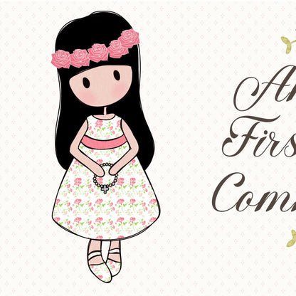 Personalised 1st Communion Banner for Girls with Long Hair – Satin Paper Wall Party Decor