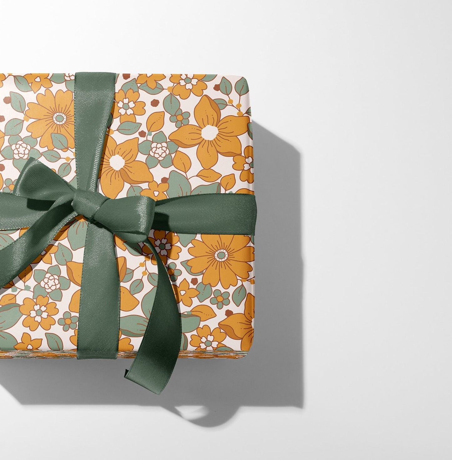70s Florals Gift Paper Sheet – Green and Orange, Large Size, Retro Floral Wrapping