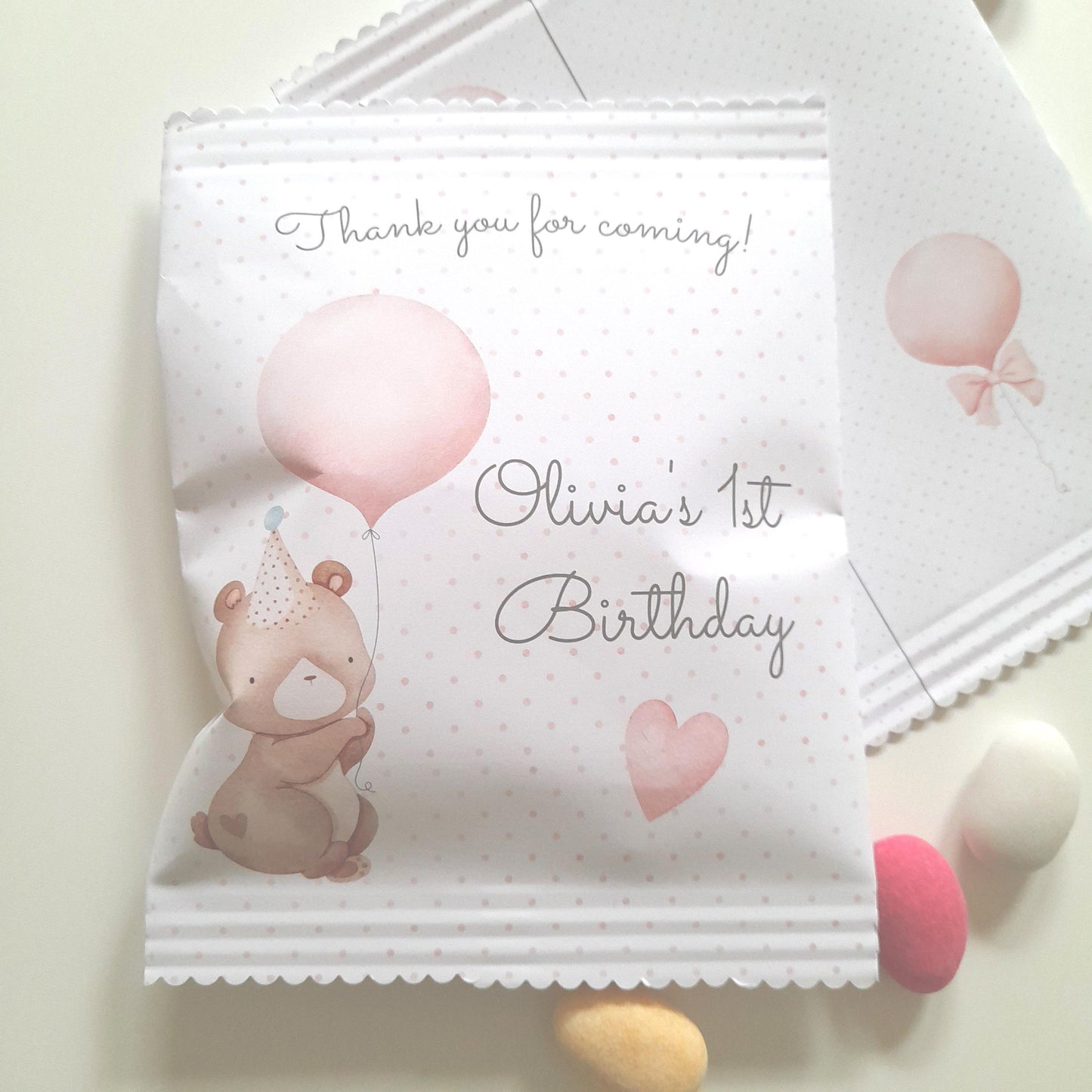 Baby Bear Girl 1st Birthday personalized party bags, baby bear Paper bags for favours, pack of 10
