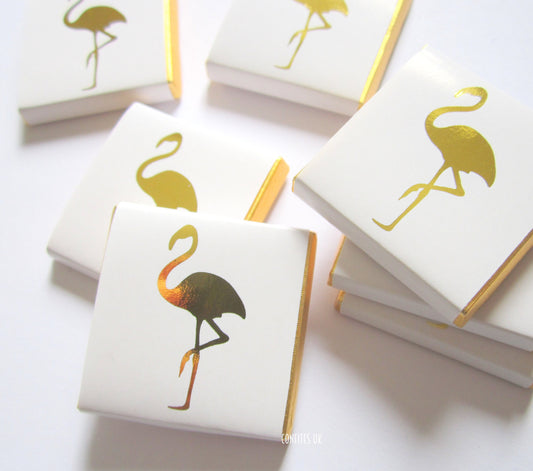 Personalized Golden Flamingo Chocolate Favours – White & Gold Guest Favours (Pack of 25)