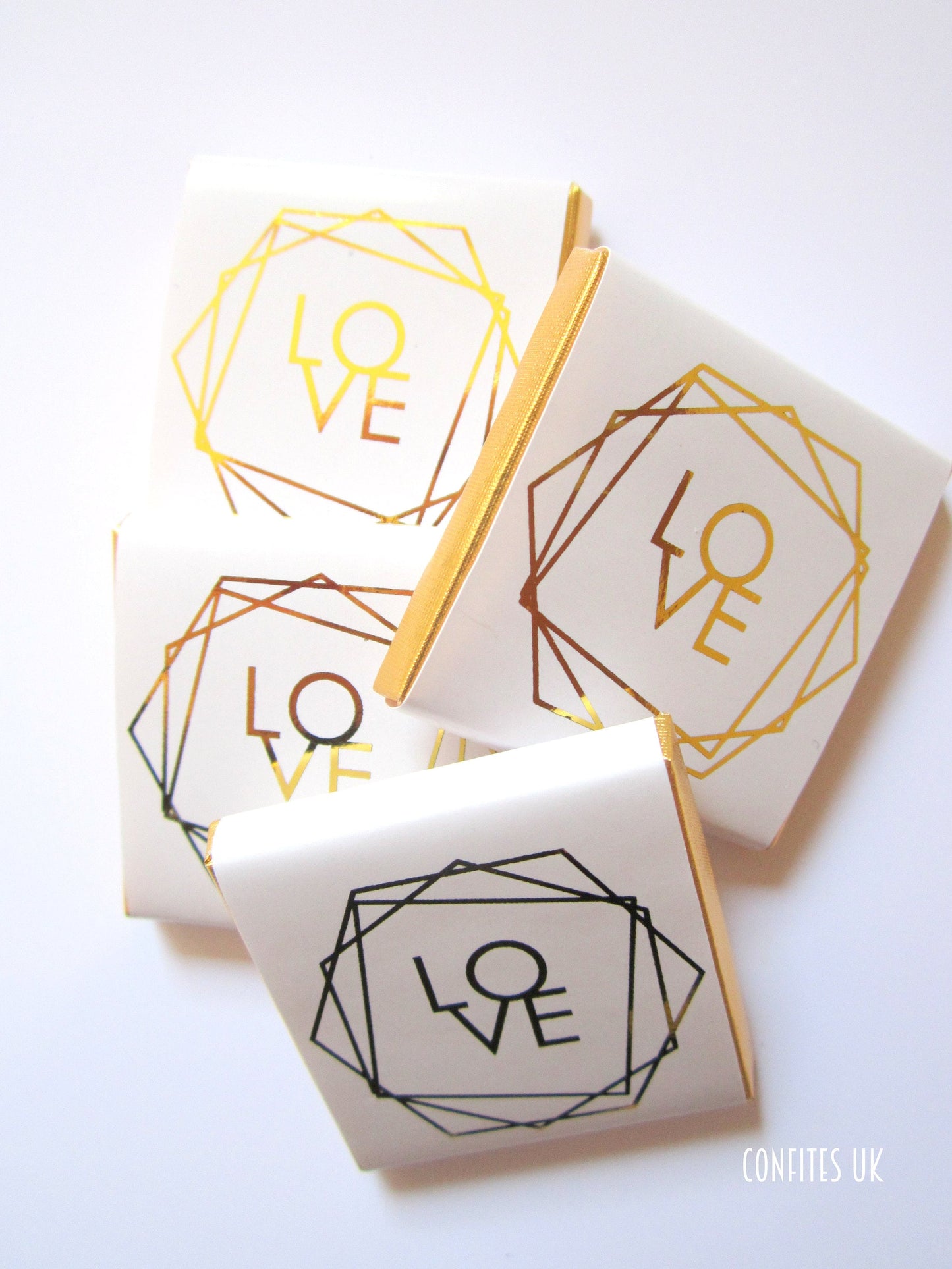 Wedding Love Personalized Chocolate Favours – Elegant White & Gold Geometric Design (Set of 25)