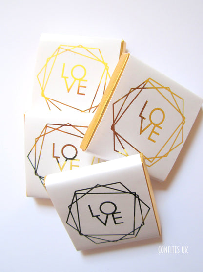 Wedding Love Personalized Chocolate Favours – Elegant White & Gold Geometric Design (Set of 25)