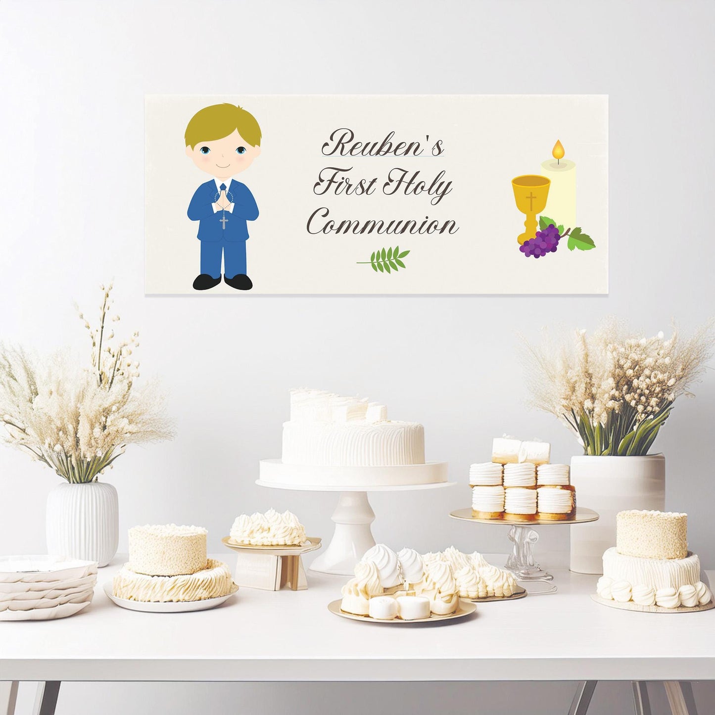 Personalised 1st Communion Banner for Boys in Blue Suit – Satin Paper Wall Party Decor
