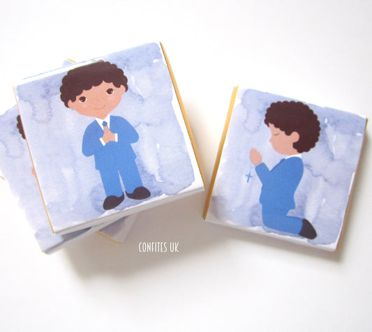 Custom 1st Communion Chocolate Favours for Young Boys – Curly Hair Party Treats (Pack of 25)