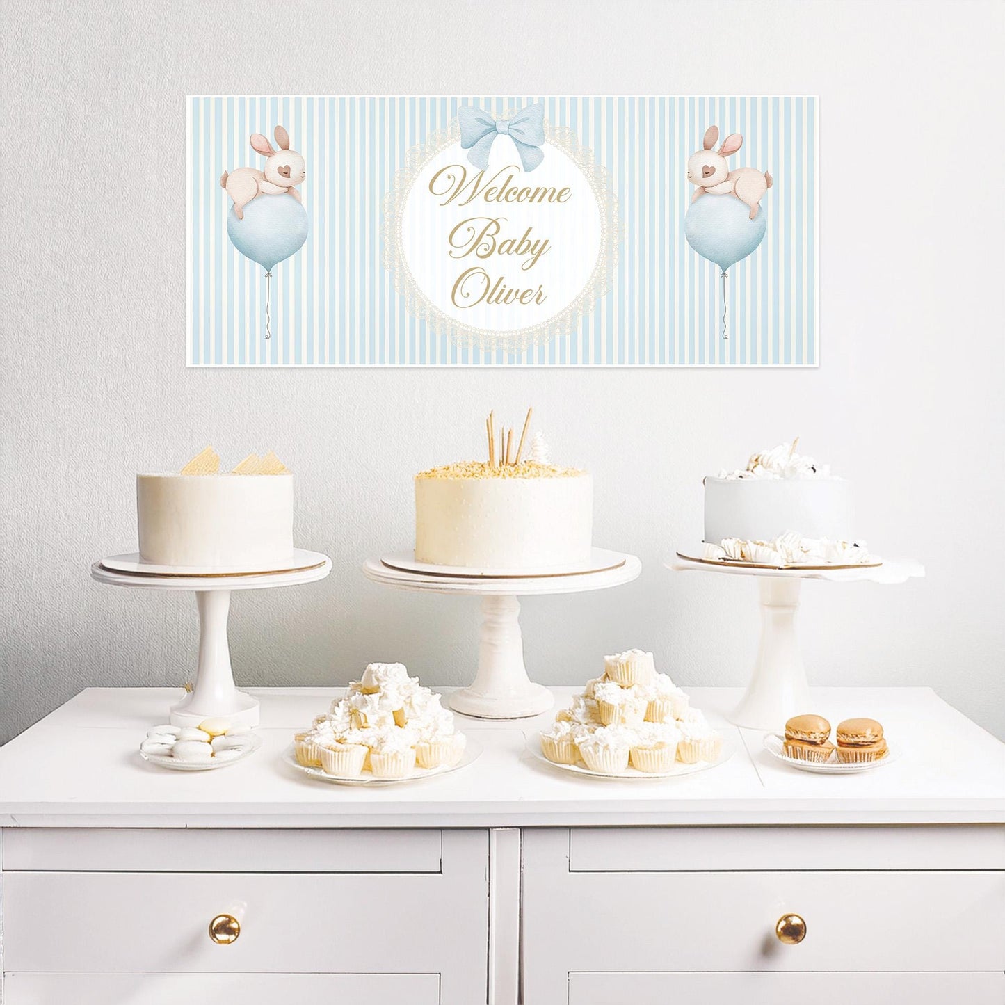 Welcome Baby Boy Personalised Banner in Pastel Blue – Custom Baby Shower Wall Decor in Satin Paper