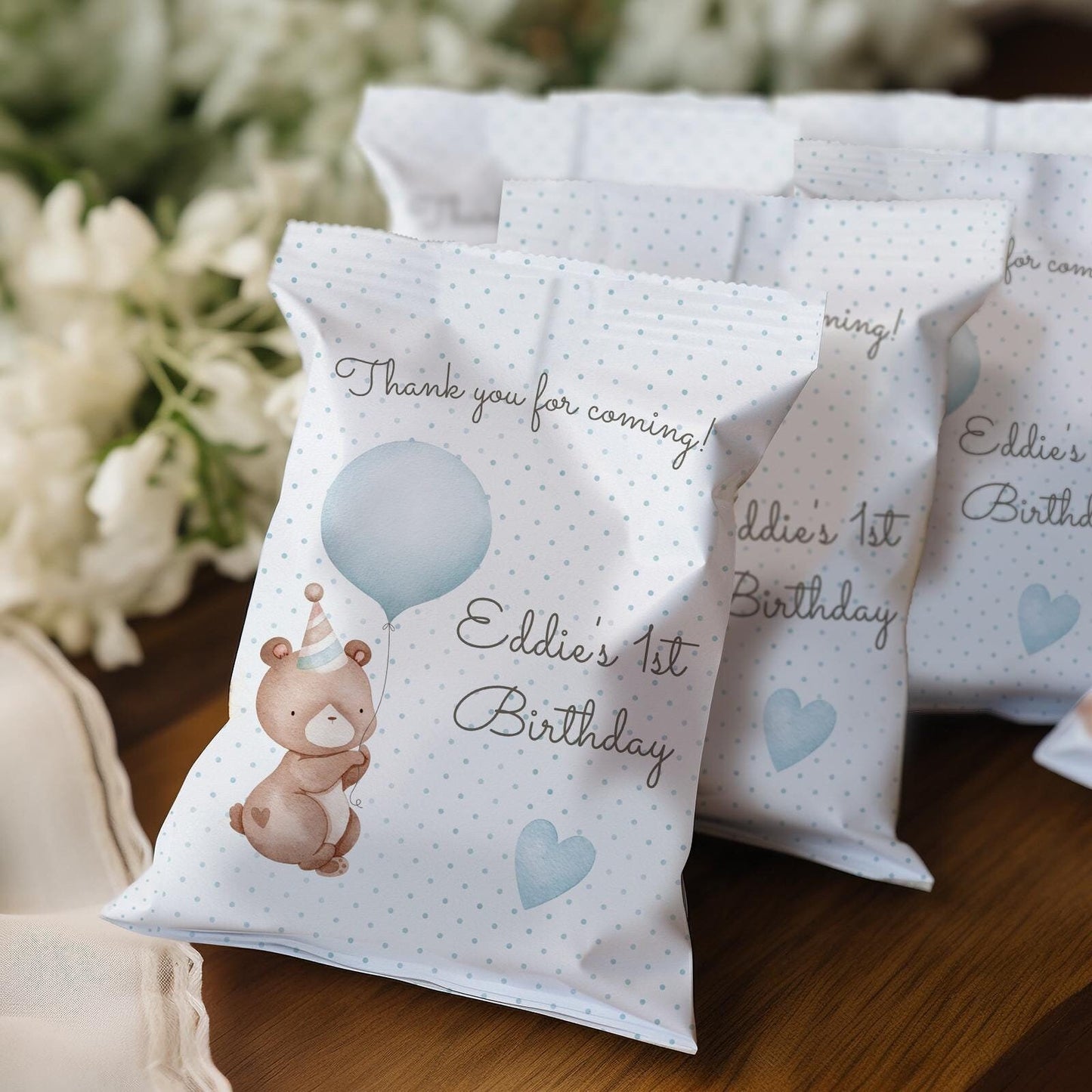 Baby Bear Boy 1st Birthday personalized party bags, baby bear bags for favours, pack of 10