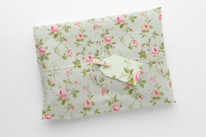 Retro Green and Pink Roses Gift Paper Sheet – Large Size Wrap