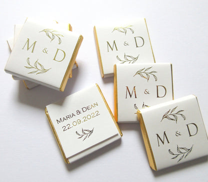 Personalized Wedding Chocolate Favours – Golden Leaves and Initials Design, White & Gold (Set of 25)