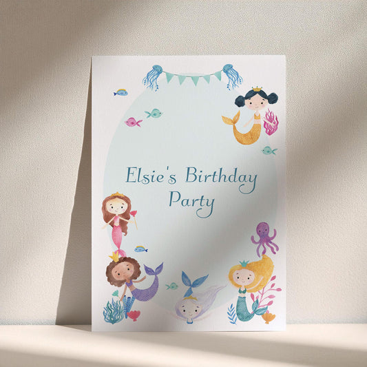 Personalised Mermaids Birthday Printed Sign – Custom Printed Party Table Centerpiece, Unframed in Multiple Sizes