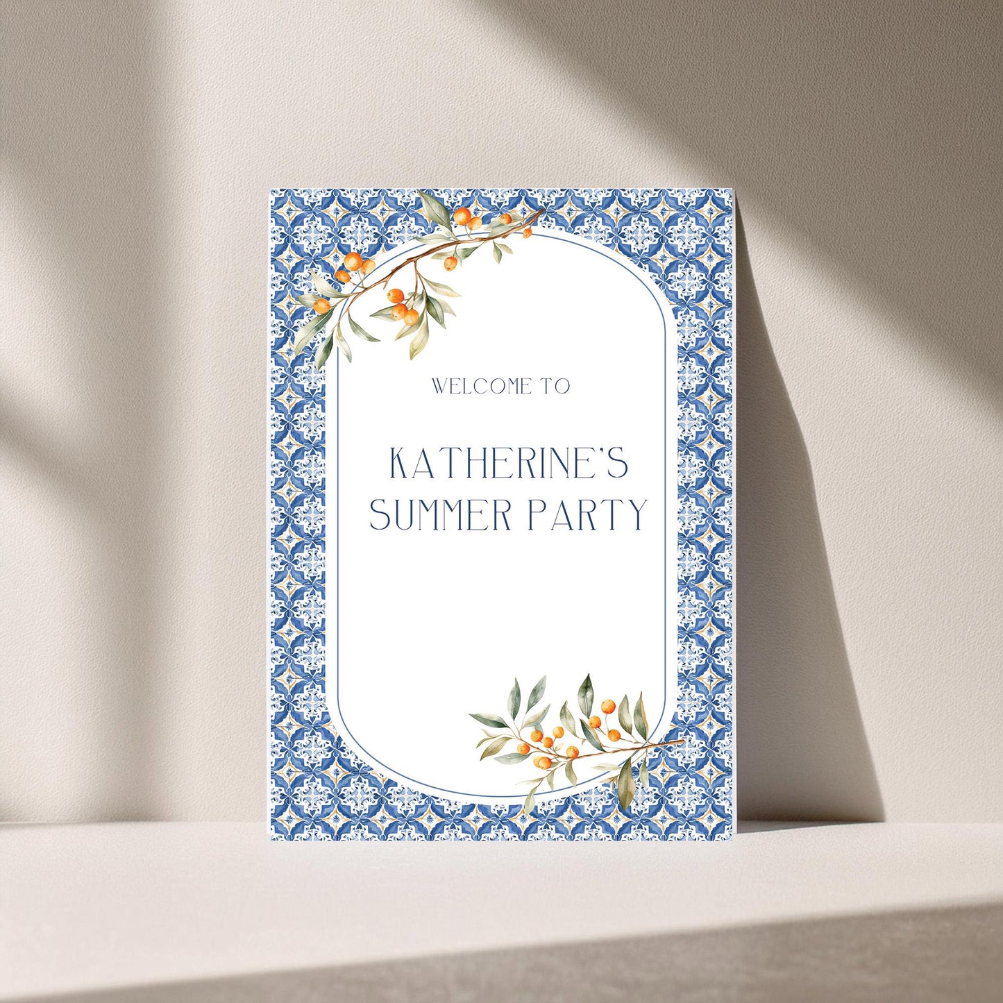 Custom Birthday Sign with Oranges and Blue Tiles – Personalised Printed Table Centrepiece, Unframed in Various Sizes