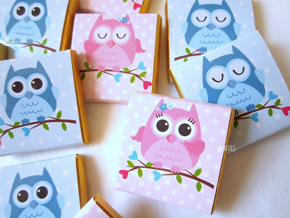 Personalized Baby Shower Chocolate Favours – Cute Baby Owl, Pink & Blue 1st Birthday Favours (Pack of 25)