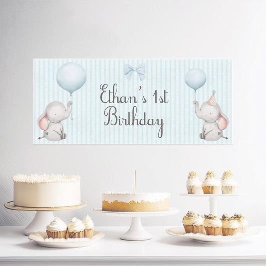 Boy’s 1st Birthday Personalised Banner – Cute Baby Elephant Party Wall Decor in Satin Paper