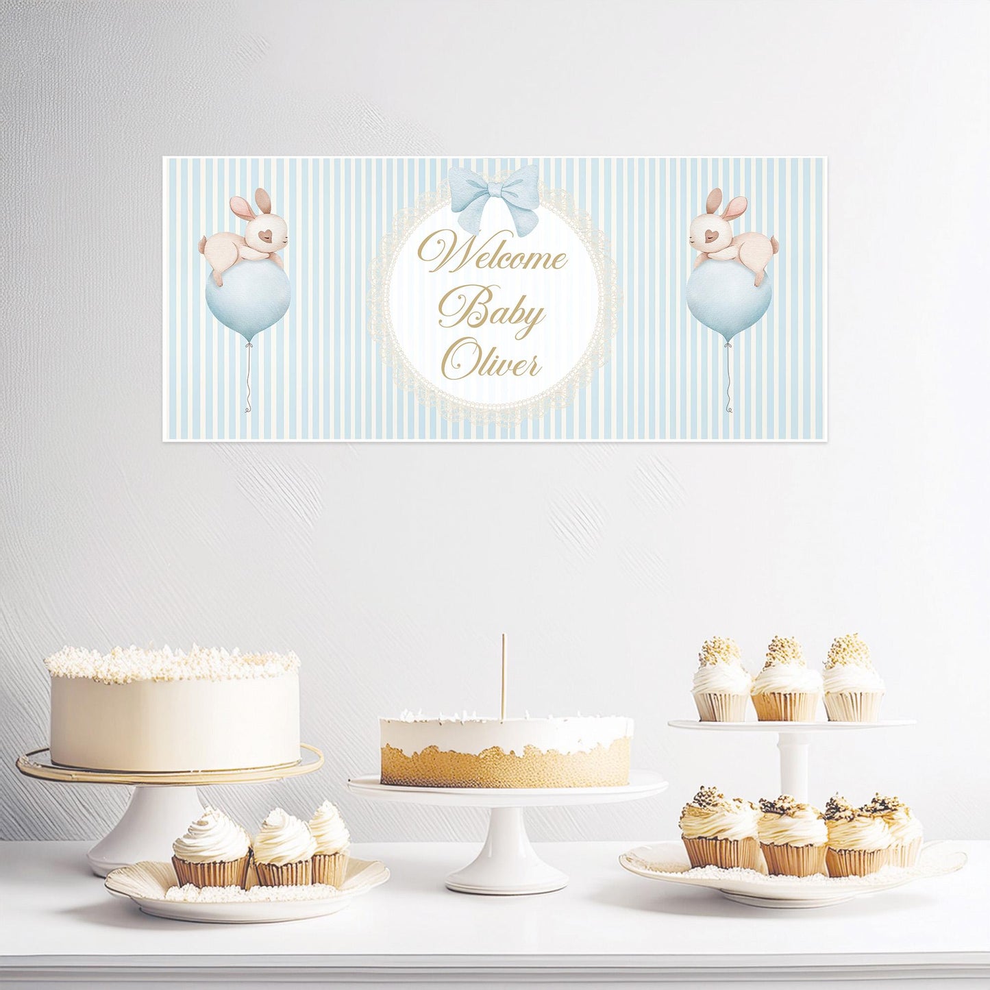 Welcome Baby Boy Personalised Banner in Pastel Blue – Custom Baby Shower Wall Decor in Satin Paper