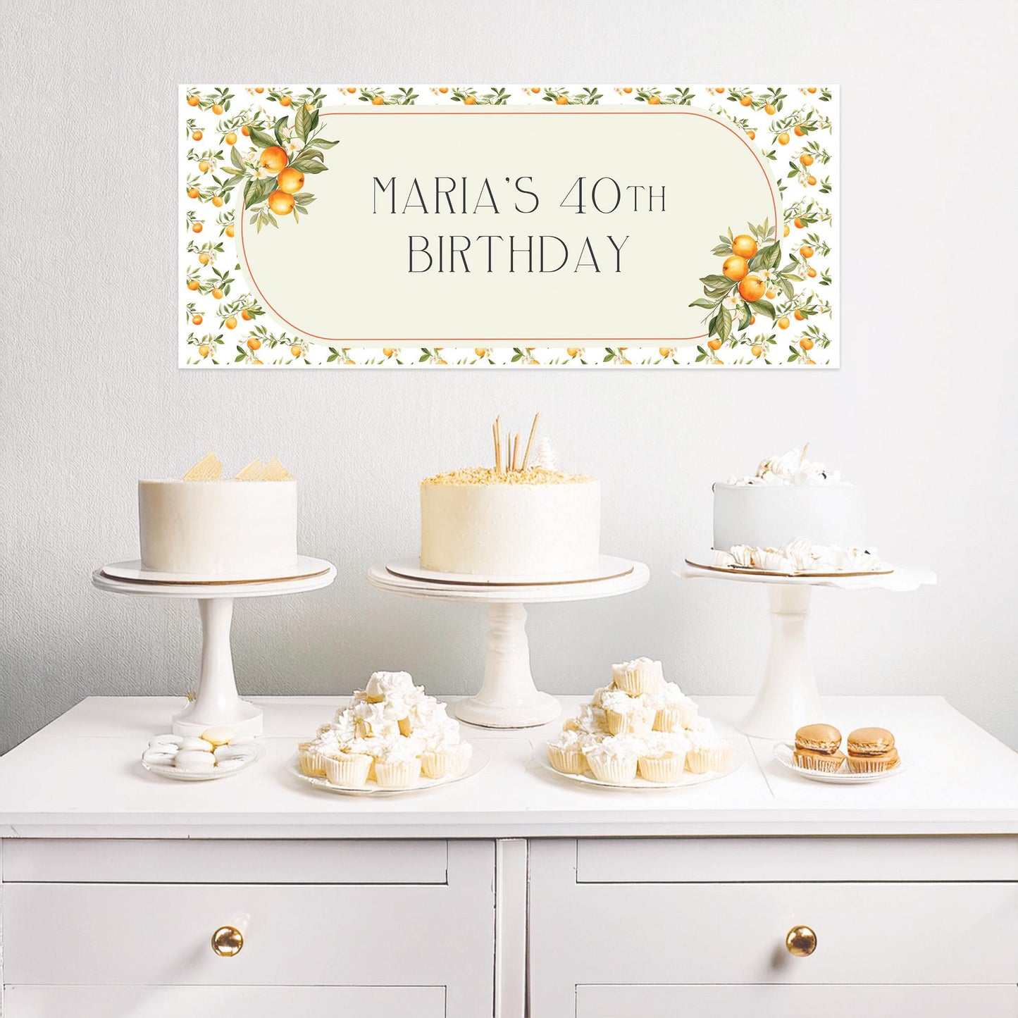 Personalised Mediterranean Oranges Birthday Banner – Custom Satin Paper Wall Decor for Any Occasion