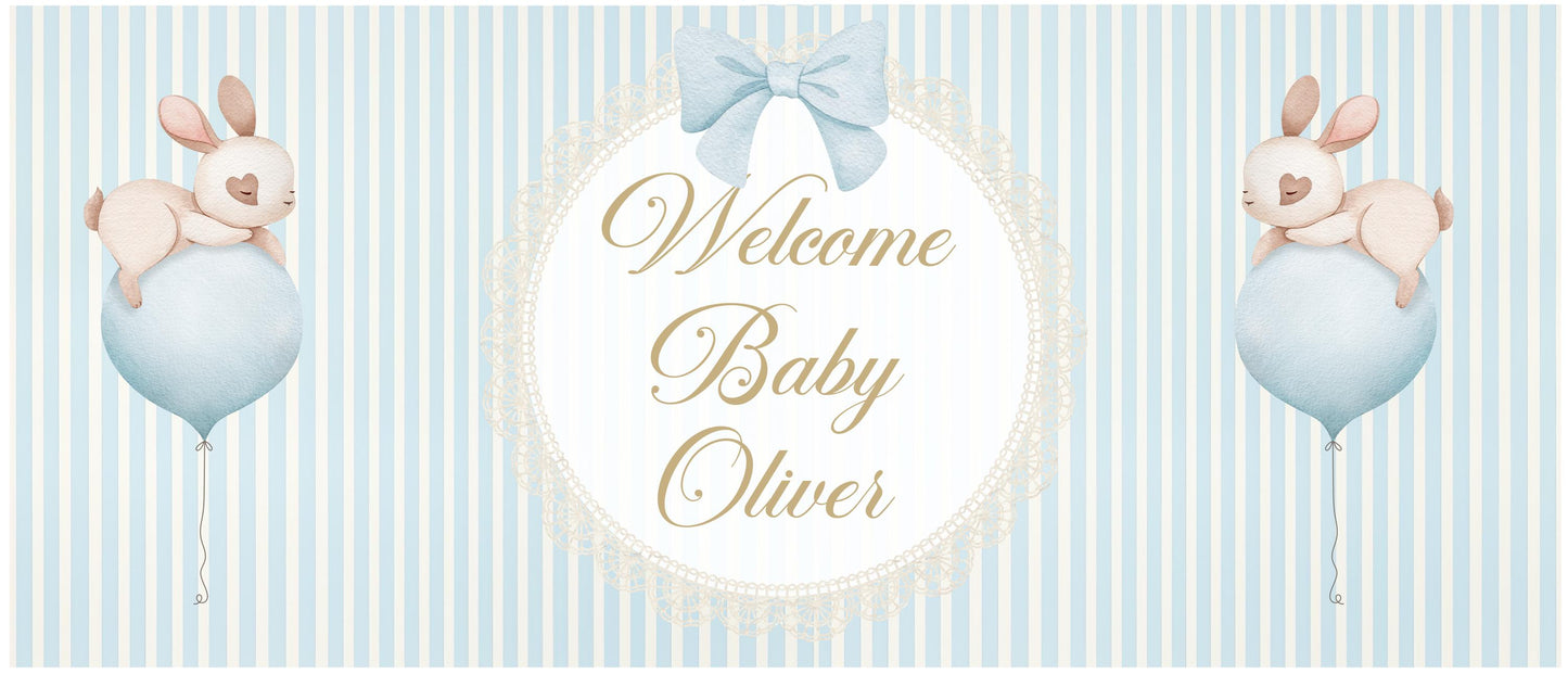 Welcome Baby Boy Personalised Banner in Pastel Blue – Custom Baby Shower Wall Decor in Satin Paper