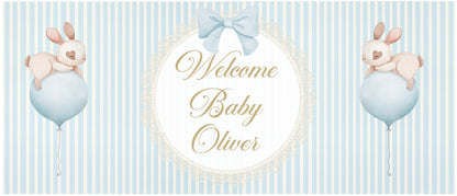 Welcome Baby Boy Personalised Banner in Pastel Blue – Custom Baby Shower Wall Decor in Satin Paper