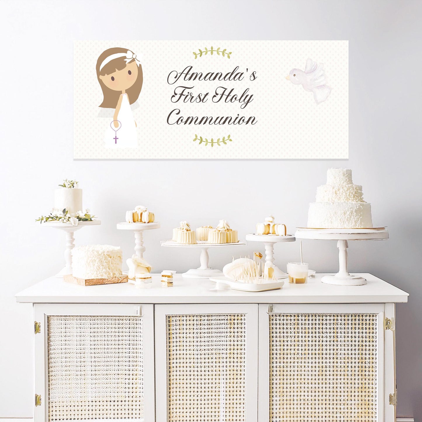 Personalised 1st Communion Banner for Girls with White Bow – Satin Paper Wall Party Decor