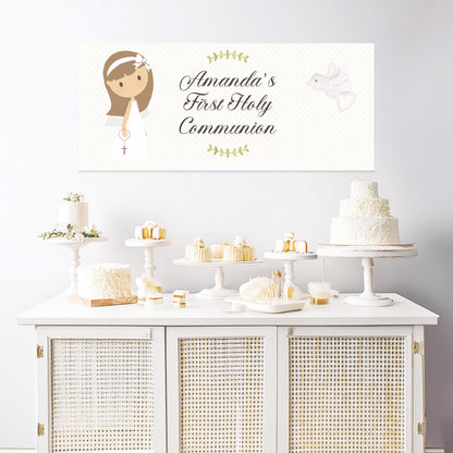 Personalised 1st Communion Banner for Girls with White Bow – Satin Paper Wall Party Decor