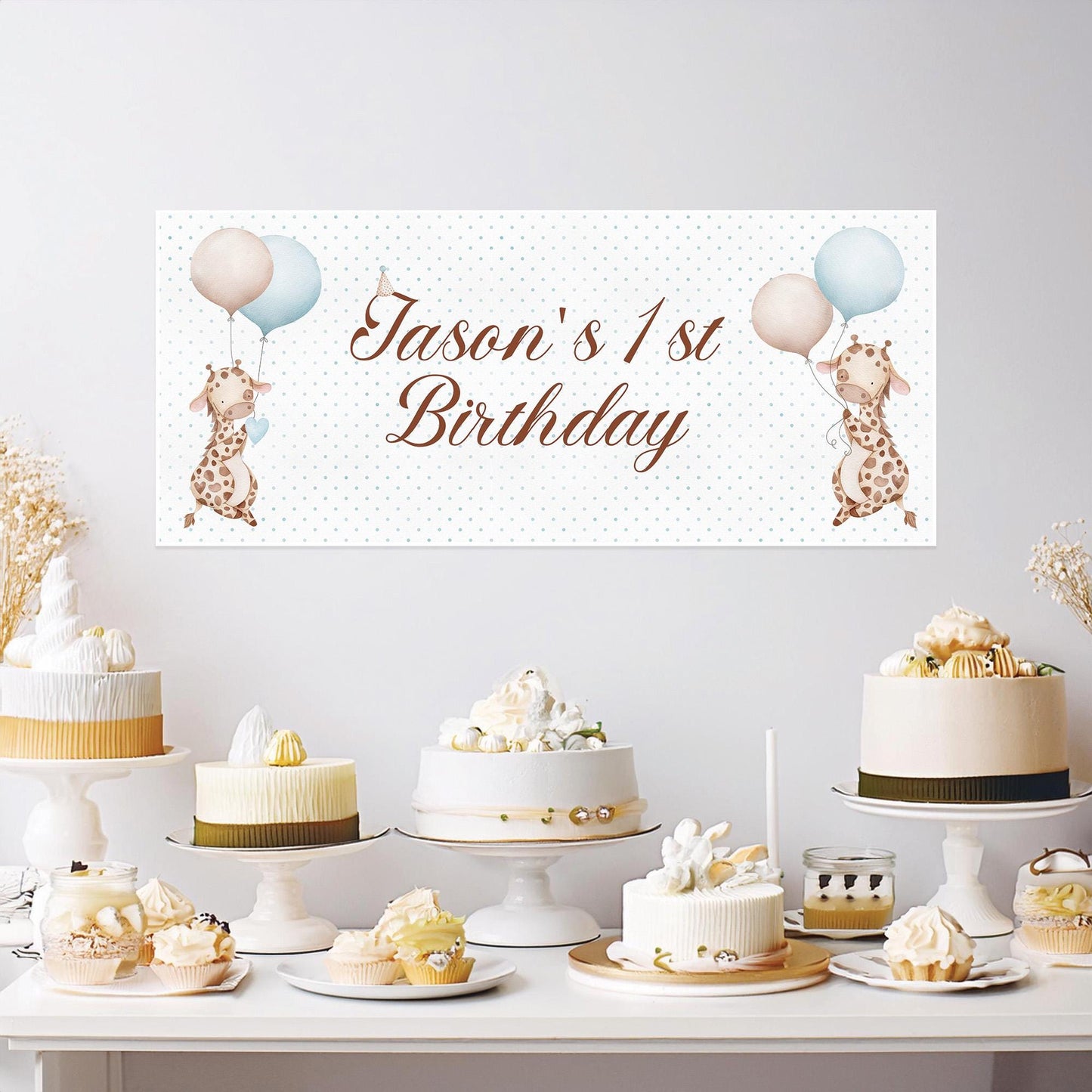 Personalised Baby Giraffe 1st Birthday Banner – Custom Boy’s Party Wall Decor in Satin Paper