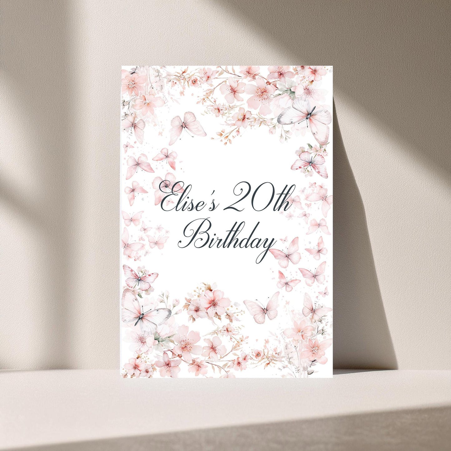 Custom Birthday Sign with Pink Butterflies – Personalised Printed Table Centrepiece, Unframed in Multiple Sizes