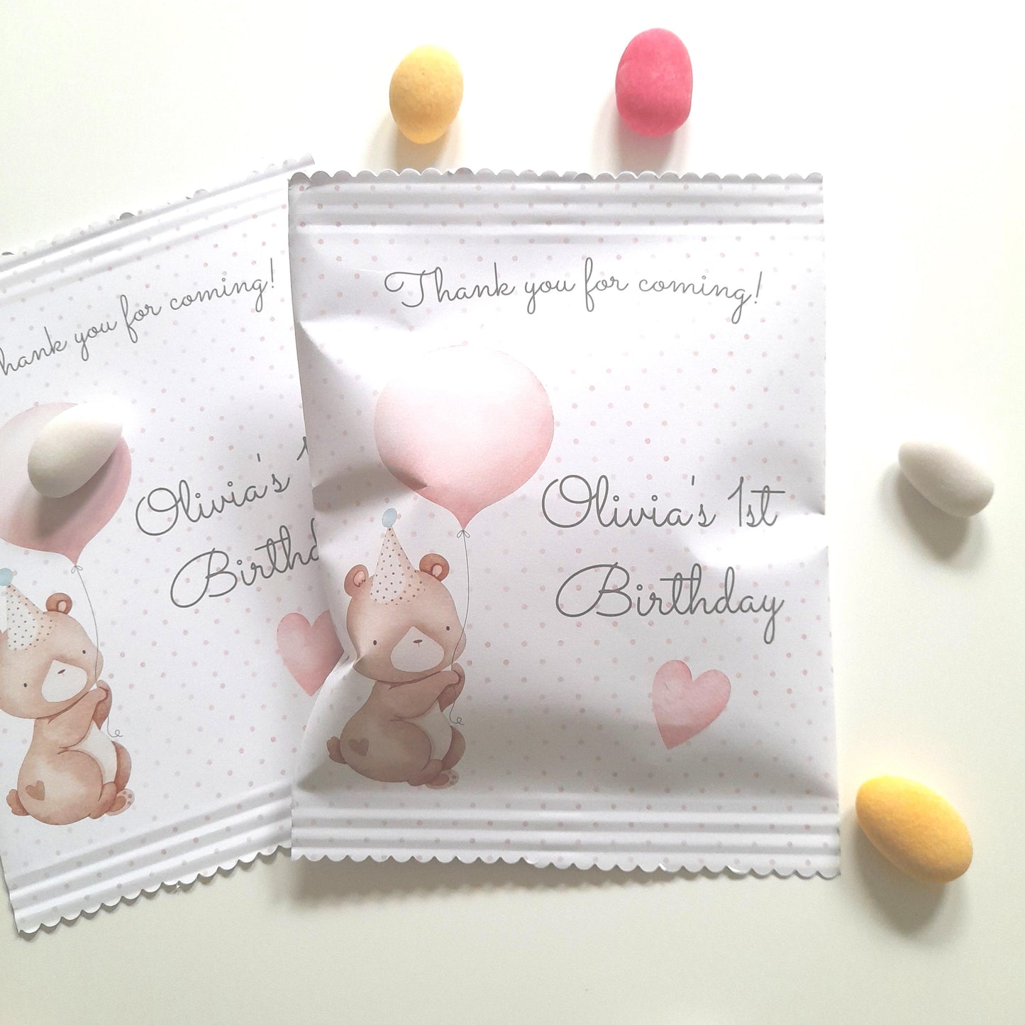 Baby Bear Girl 1st Birthday personalized party bags, baby bear Paper bags for favours, pack of 10