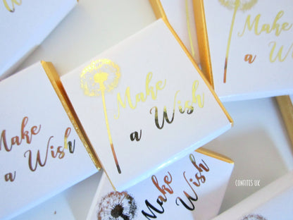 Make A Wish Dandelion Personalized Chocolate Favours – White and Gold Birthday Chocolates (25 pcs)