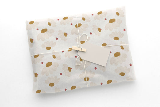 Daisy Bloom & Ladybird Gift Paper Sheet – Large Size Floral Wrapping Paper