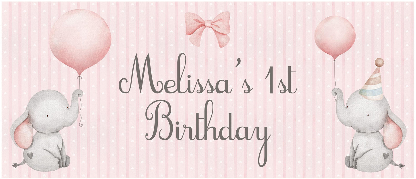 Personalised 1st Birthday Banner Baby Elephant – Satin Paper Wall Decor for Girl's Birthday Party