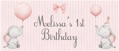 Personalised 1st Birthday Banner Baby Elephant – Satin Paper Wall Decor for Girl's Birthday Party