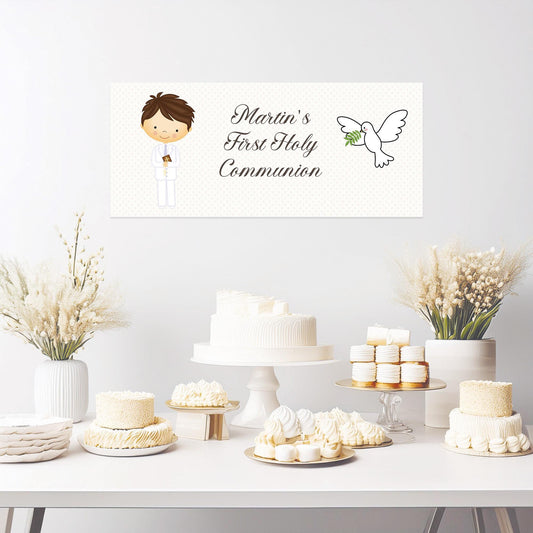 Personalised 1st Communion Banner for Boys in White Suit – Satin Paper Wall Party Decor
