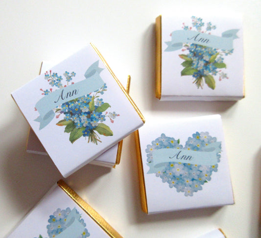 Forget Me Not Floral Bouquet Personalized Chocolate Favours – Funeral & Memorial Guest Favours, Pack of 25