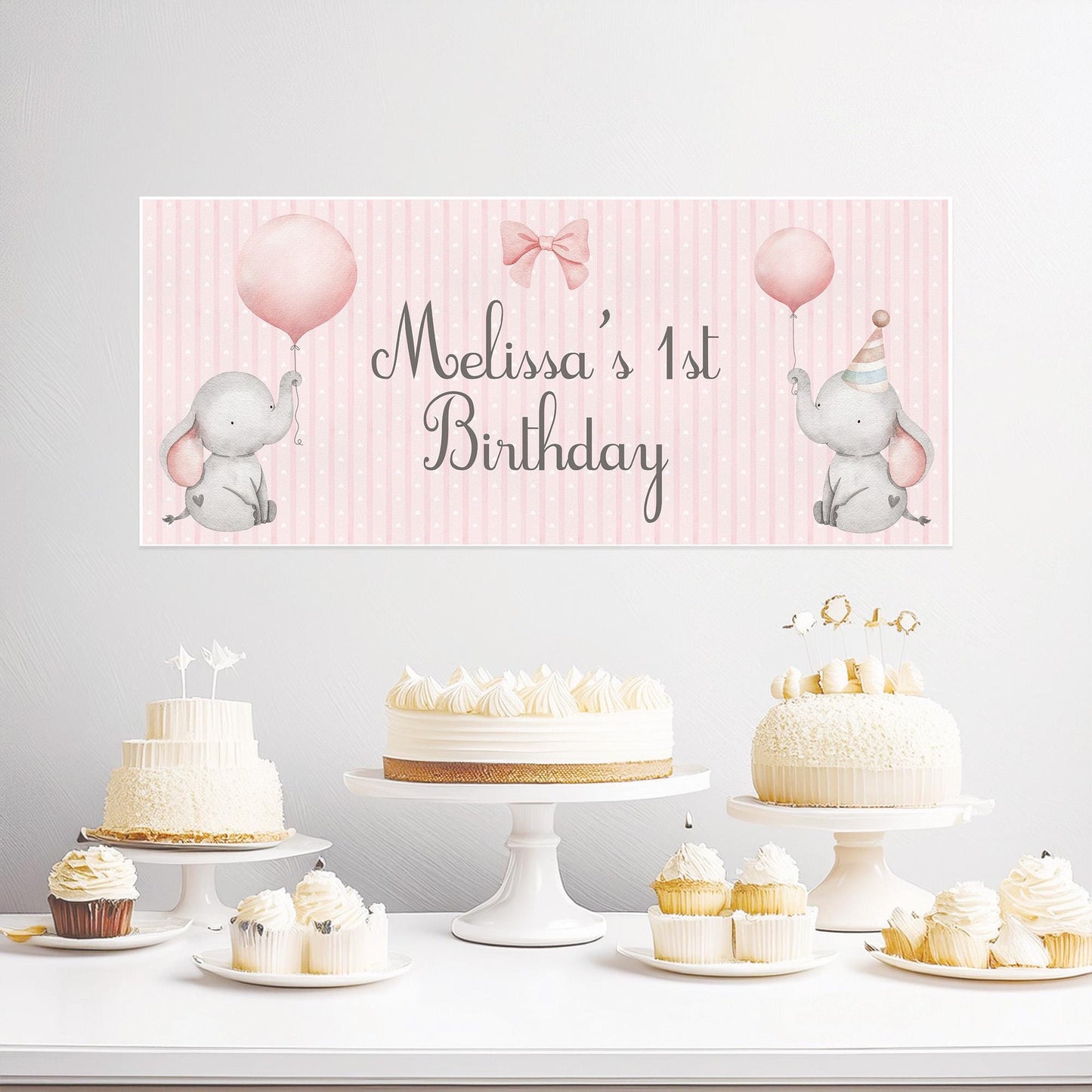 Personalised 1st Birthday Banner Baby Elephant – Satin Paper Wall Decor for Girl's Birthday Party
