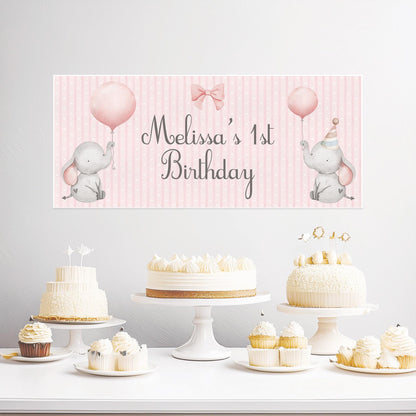 Personalised 1st Birthday Banner Baby Elephant – Satin Paper Wall Decor for Girl's Birthday Party