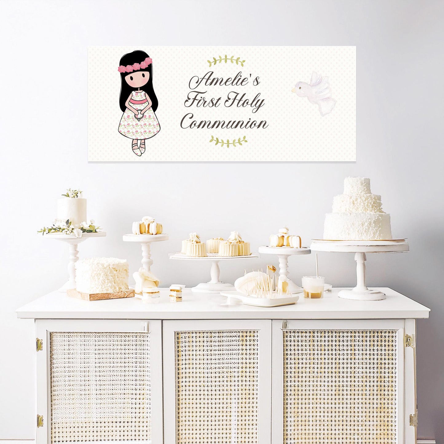 Personalised 1st Communion Banner for Girls with Long Hair – Satin Paper Wall Party Decor