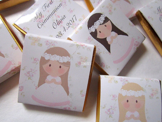 Personalized 1st Communion Girls Chocolate Favours – head white flowers (Pack of 25)