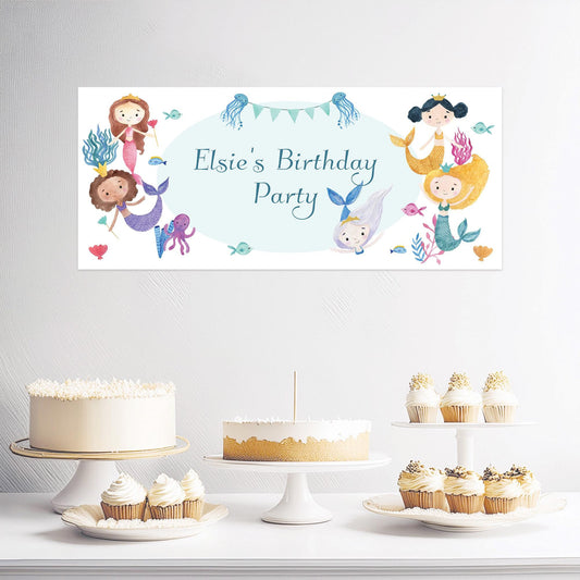 Personalised Mermaids Birthday Banner – Satin Paper Wall Decor for Mermaid Themed Parties