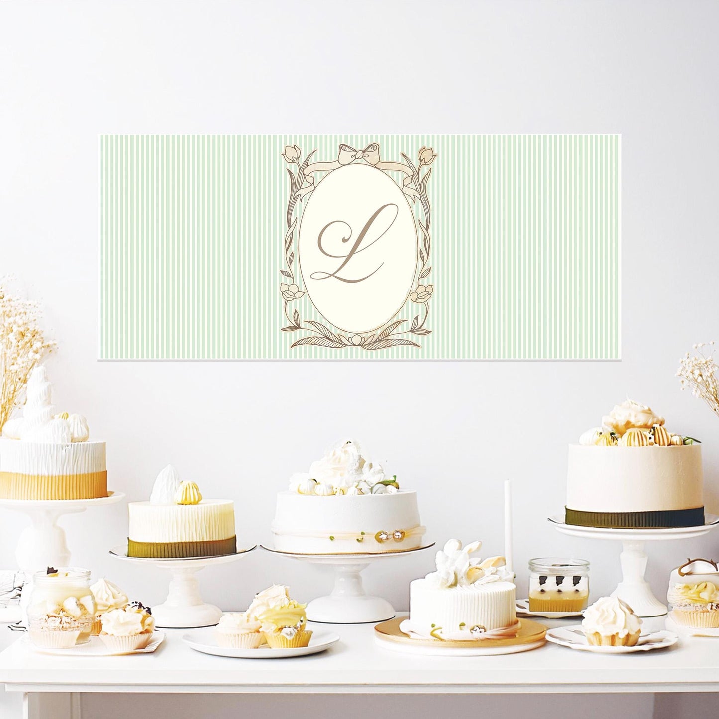 Personalised French Style Birthday Banner – Soft Green Stripes & Monogram Design