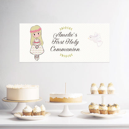 Personalised 1st Communion Banner for Girls with Long Hair – Satin Paper Wall Party Decor