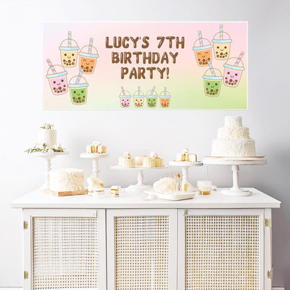 Personalised Bubble Tea Party Banner – Satin Paper Wall Decor for Bubble Tea Themed Birthdays