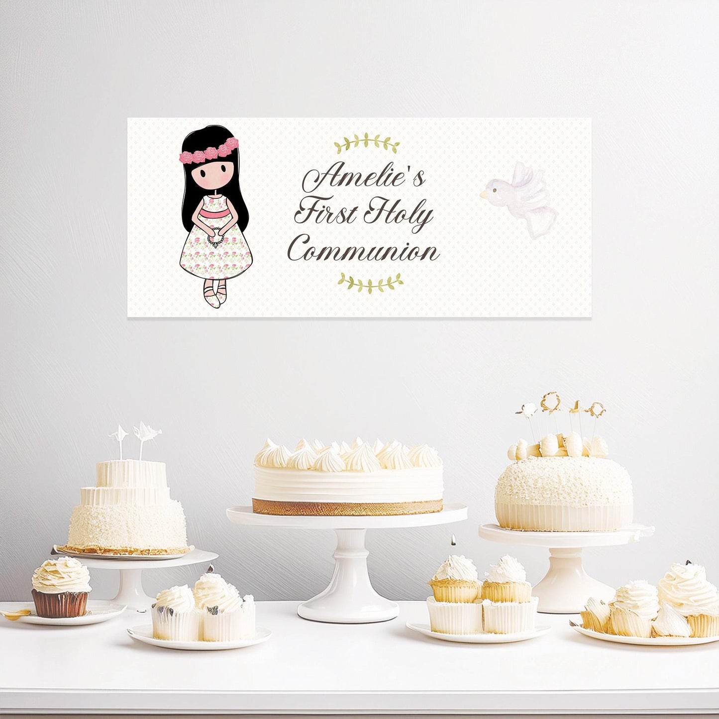 Personalised 1st Communion Banner for Girls with Long Hair – Satin Paper Wall Party Decor
