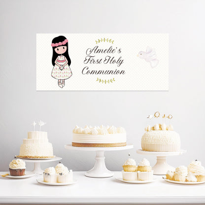 Personalised 1st Communion Banner for Girls with Long Hair – Satin Paper Wall Party Decor