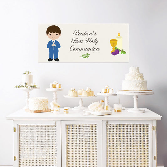 Personalised 1st Communion Banner for Boys in Blue Suit – Satin Paper Wall Party Decor