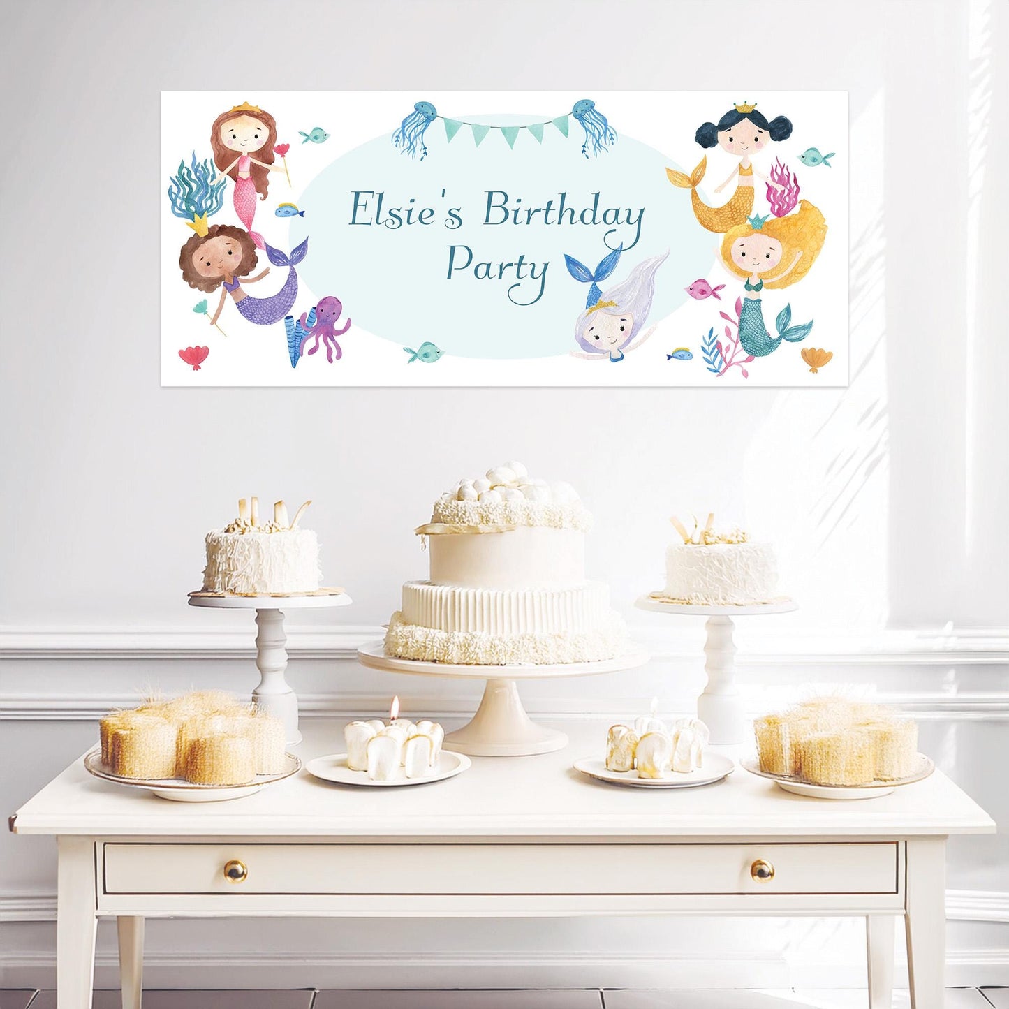 Personalised Mermaids Birthday Banner – Satin Paper Wall Decor for Mermaid Themed Parties