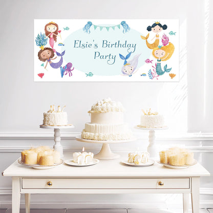 Personalised Mermaids Birthday Banner – Satin Paper Wall Decor for Mermaid Themed Parties