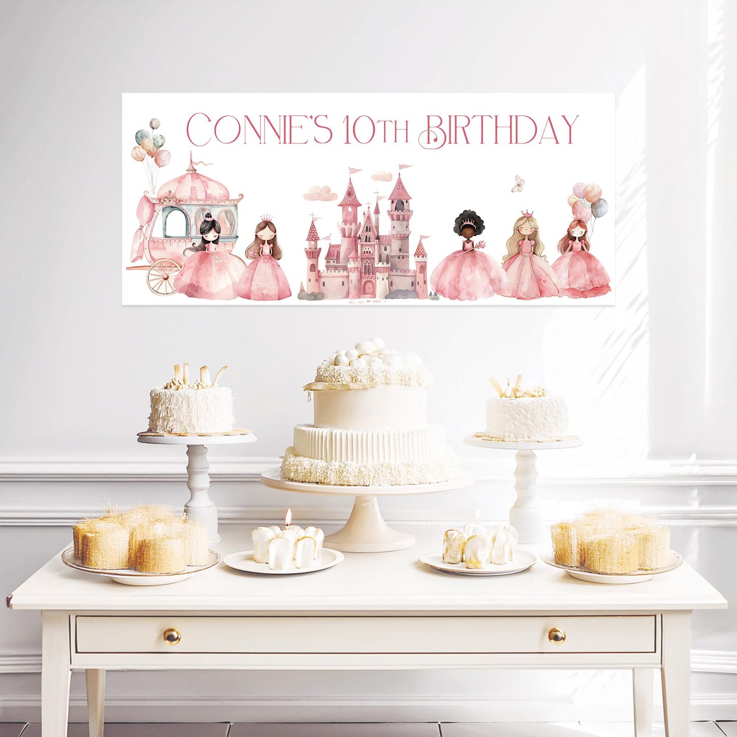 Personalised Princesses Birthday Banner – Satin Paper Birthday Party Wall Decor